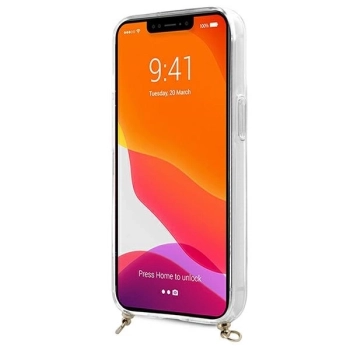 Etui Guess 4G Brown Strap Gold Chain na iPhone 13 - przezroczyste