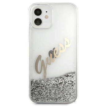 Etui Guess Glitter Vintage Script na iPhone 12 mini - srebrne