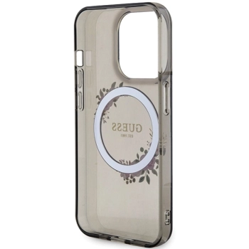 Etui Guess IML Flowers Wreath MagSafe na iPhone 15 Pro - czarne