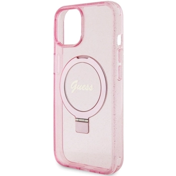 Etui Guess Ring Stand Script Glitter MagSafe na iPhone 15 - różowe