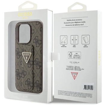 Etui Guess Grip Stand 4G Triangle Strass na iPhone 15 Pro - brązowe