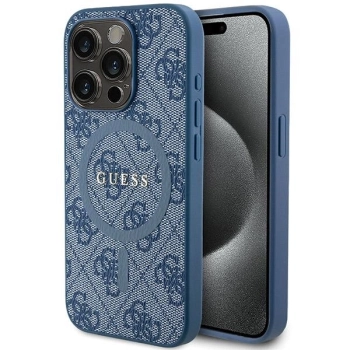 Etui Guess 4G Collection Leather Metal Logo MagSafe na iPhone 15 Pro Max - niebieskie