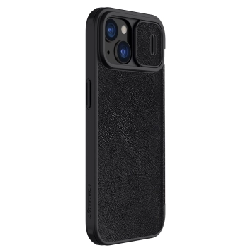 Skórzane etui z klapką Nillkin Qin Pro Leather do iPhone 15 z osłoną aparatu - czarne