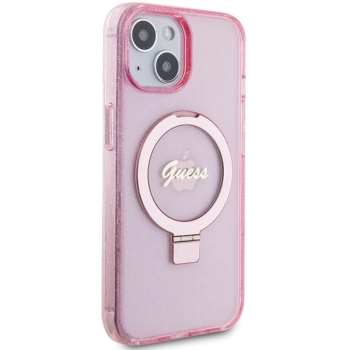 Etui Guess Ring Stand Script Glitter MagSafe na iPhone 15 - różowe