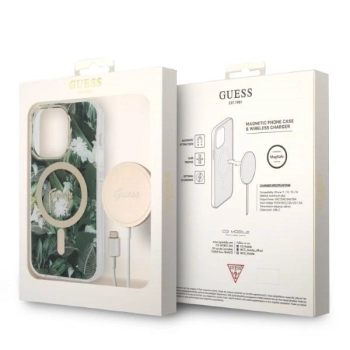 Etui Guess Jungle MagSafe na iPhone 14 Pro + ładowarka indukcyjna - zielone