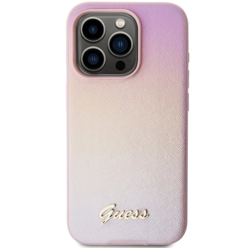 Etui Guess Saffiano Iridescent Script na iPhone 14 Pro Max - różowe