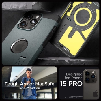 Etui Spigen Tough Armor MagSafe z podstawką na iPhone 15 Pro - zielone