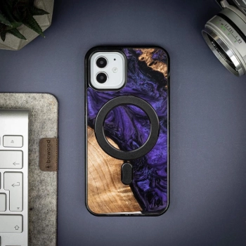 Etui z drewna i żywicy na iPhone 12/12 Pro MagSafe Bewood Unique Violet - fioletowo-czarne