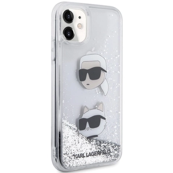 Etui Karl Lagerfeld Liquid Glitter Karl&Choupette Heads na iPhone 11 / Xr - srebrne