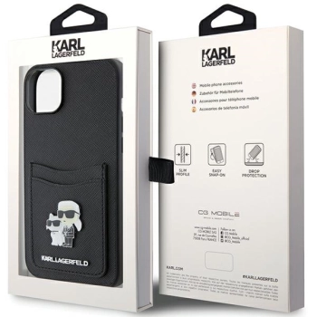 Etui Karl Lagerfeld Saffiano Cardslot Karl&Choupette Metal Pin do iPhone 15 - czarne