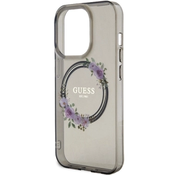 Etui Guess IML Flowers Wreath MagSafe na iPhone 15 Pro - czarne