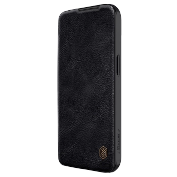 Skórzane etui z klapką osłoną aparatu do iPhone 15 Plus Nillkin Qin Pro Leather - czarne