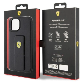 Etui Ferrari Grip Stand Metal Logo na iPhone 15 - czarne
