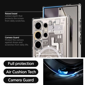 Etui Spigen Ultra Hybrid OneTap Ring z MagSafe na Samsung Galaxy S24 Ultra - przezroczyste (wzór Zero One)