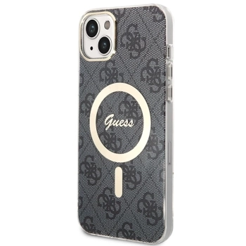 Etui Guess 4G Print MagSafe na iPhone 14 + ładowarka indukcyjna - czarne