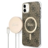 Etui Guess 4G Print MagSafe na iPhone 11 + ładowarka indukcyjna - brązowe