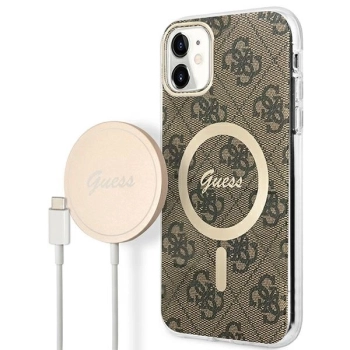 Etui Guess 4G Print MagSafe na iPhone 11 + ładowarka indukcyjna - brązowe