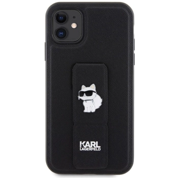 Etui Karl Lagerfeld Gripstand Saffiano Choupette Pins na iPhone 11 / Xr - czarne