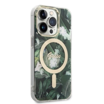 Etui Guess Jungle MagSafe na iPhone 14 Pro Max + ładowarka indukcyjna - zielone