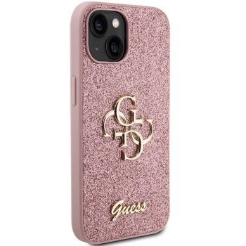 Etui Guess Glitter Script Big 4G na iPhone 15 - różowe
