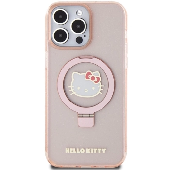Etui Hello Kitty Ring Stand Glitter Electrop Logo MagSafe na iPhone 15 Pro Max - różowe