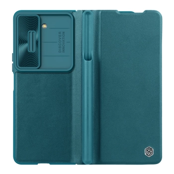 Skórzane etui z klapką i osłoną aparatu do Samsung Galaxy Z Fold 5 Nillkin Qin Leather Pro - zielone