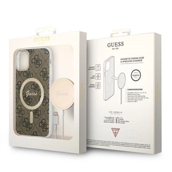 Etui Guess 4G Print MagSafe na iPhone 11 + ładowarka indukcyjna - brązowe