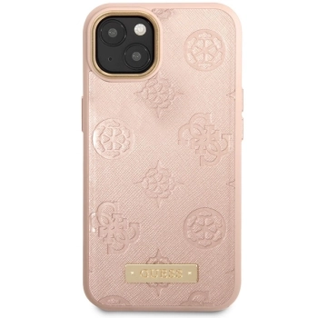 Etui Guess Peony Logo Plate MagSafe na iPhone 14 - różowe