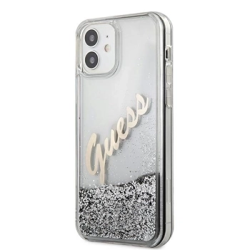 Etui Guess Glitter Vintage Script na iPhone 12 mini - srebrne