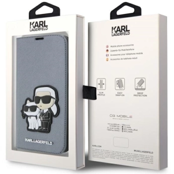 Etui Karl Lagerfeld Saffiano Karl&Choupette na iPhone 14 Pro Max - srebrne