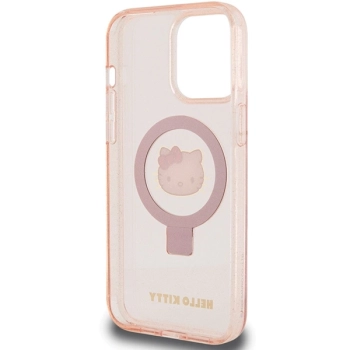 Etui Hello Kitty Ring Stand Glitter Electrop Logo MagSafe na iPhone 15 Pro Max - różowe