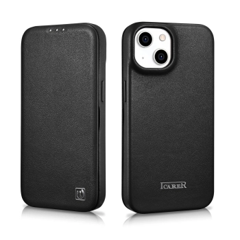 iCarer CE Premium Leather Folio Case skórzane etui iPhone 14 z klapką magnetyczne MagSafe czarny (WMI14220713-BK)