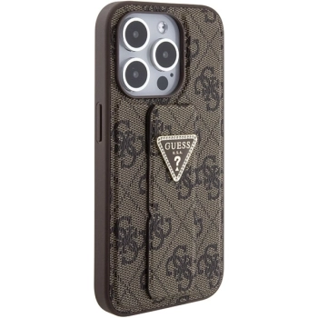 Etui Guess Grip Stand 4G Triangle Strass na iPhone 15 Pro - brązowe