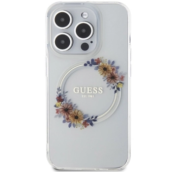 Etui Guess IML Flowers Wreatch MagSafe na iPhone 15 Pro - przezroczyste