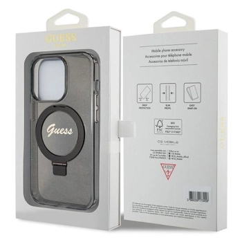Etui Guess Ring Stand Script Glitter MagSafe na iPhone 13 Pro Max - czarne