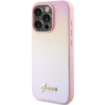 Etui Guess Saffiano Iridescent Script na iPhone 14 Pro Max - różowe