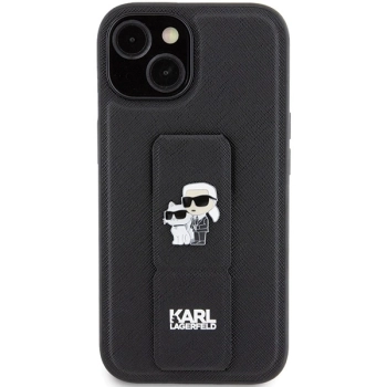 Etui Karl Lagerfeld Gripstand Saffiano Karl&Choupette Pins na iPhone 15 - czarne