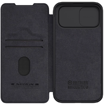 Skórzane etui z klapką Nillkin Qin Pro Leather do iPhone 15 z osłoną aparatu - czarne