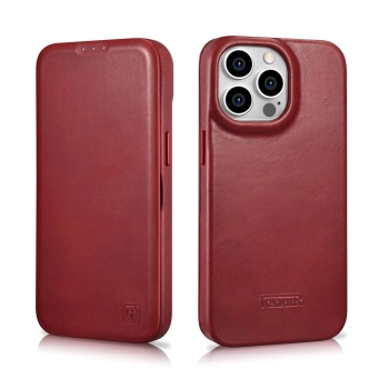 iCarer CE Oil Wax Premium Leather Folio Case skórzane etui iPhone 14 Pro Max z klapką magnetyczne MagSafe czerwony (AKI14220708-RD)