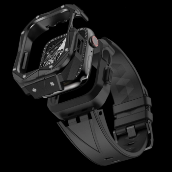 Kingxbar CYF140 2w1 pancerne etui Apple Watch 9, 8, 7 (45 mm) ze stali nierdzewnej z paskiem czarne
