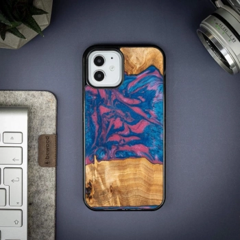 Etui z drewna i żywicy na iPhone 12/12 Pro Bewood Unique Vegas - różowo-niebieskie