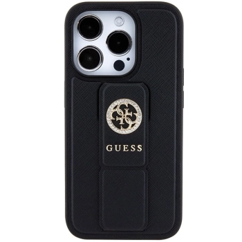 Etui Guess Grip Stand 4G Triangle Strass na iPhone 15 Pro - czarne
