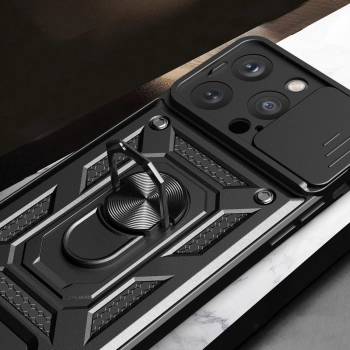 Pancerne etui z podstawką i osłoną aparatu do iPhone 15 Pro Max Hybrid Armor Camshield - niebieskie