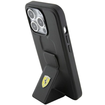 Etui Ferrari Grip Stand Metal Logo na iPhone 15 Pro Max - czarne