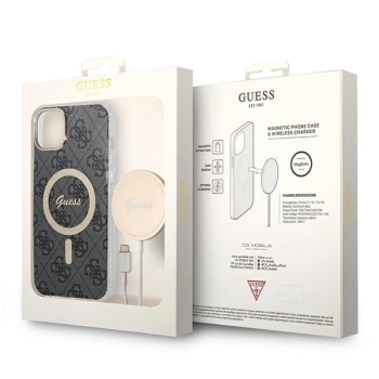 Etui Guess 4G Print MagSafe na iPhone 14 + ładowarka indukcyjna - czarne