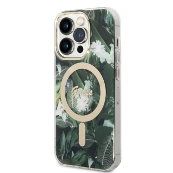 Etui Guess Jungle MagSafe na iPhone 14 Pro + ładowarka indukcyjna - zielone