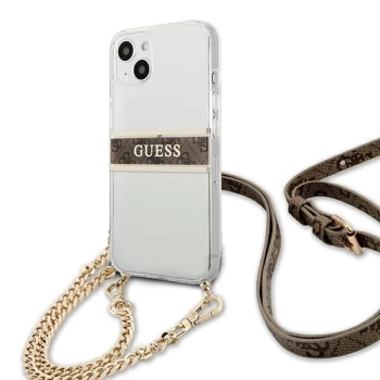 Etui Guess 4G Brown Strap Gold Chain na iPhone 13 - przezroczyste