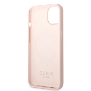 Etui Guess Silicone Logo Plate MagSafe na iPhone 13 mini - różowe