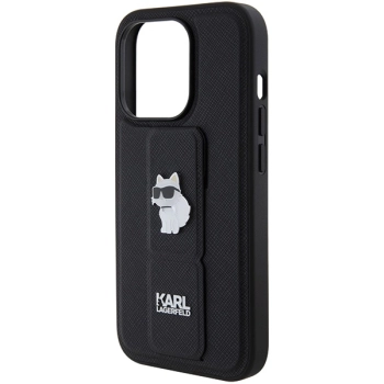 Etui Karl Lagerfeld Gripstand Saffiano Choupette Pins na iPhone 14 Pro - czarne