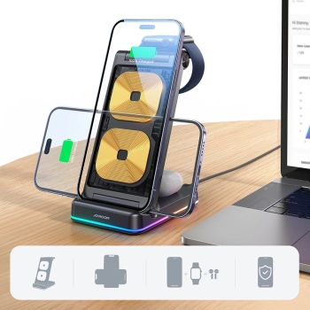 Joyroom 3w1 ładowarka indukcyjna do sprzętu marki Apple - iPhone, Apple Watch, Airpods (do 15W) podstawka stojak czarna (JR-WQN01)